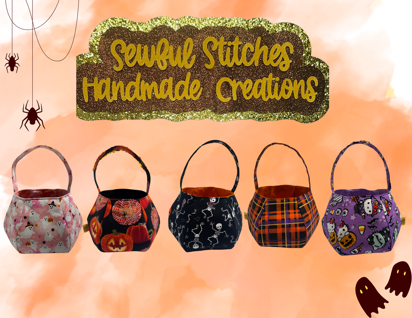 Five Halloween-themed fabric trick or treat buckets displayed against a peach and orange background with a glittery 'Sewful Stitches Handmade Creations' logo. The buckets feature various patterns including pink with flowers, black with jack-o'-lanterns, black with skeletons, orange and brown plaid, and purple with cartoon characters.