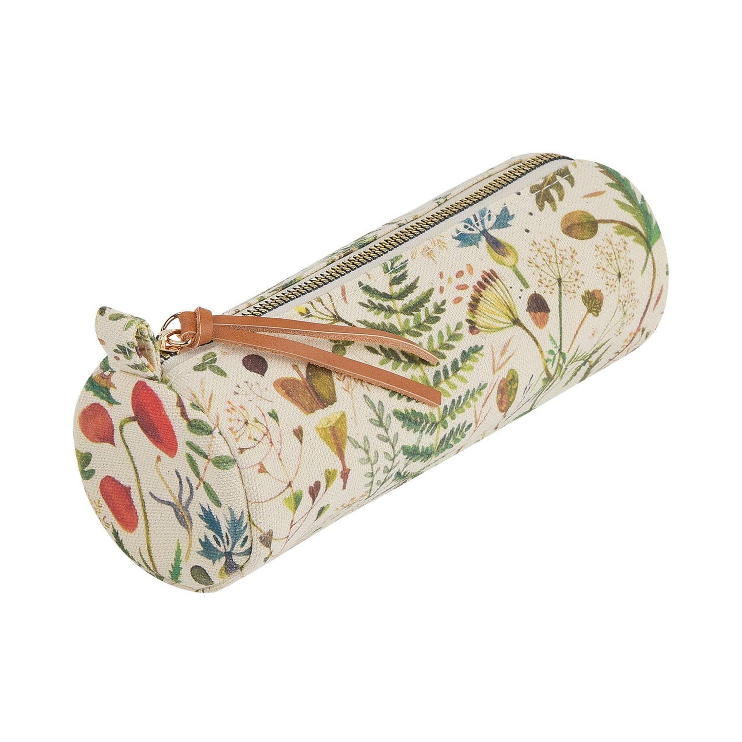 Round pencil case with floral and nature-themed design on a white background